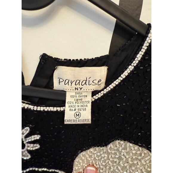 Paradise NY Black White Floral Beaded Sleeveless Top Medium Vintage Party - Picture 3 of 5